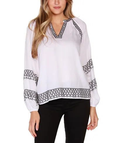 Belldini Women's Black Label Embroidered Blouson Split-neck Top In White
