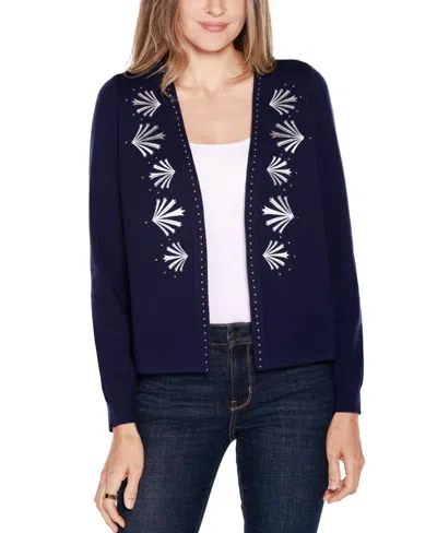 Belldini Women's Black Label Embroidered Open-front Cardigan Sweater In Twilight Blue