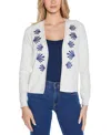 Belldini Plus Size Black Label Embroidered Drop-shoulder Open-front Cardigan Sweater In White