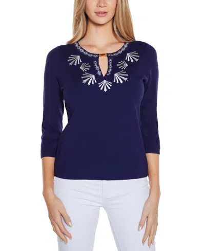 Belldini Women's Black Label Embroidered Split-neck Sweater In Twilight Blue
