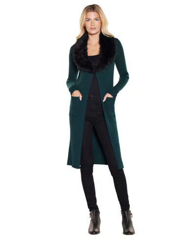 Belldini Women's Black Label Faux-fur Collar Duster Cardigan In Blue
