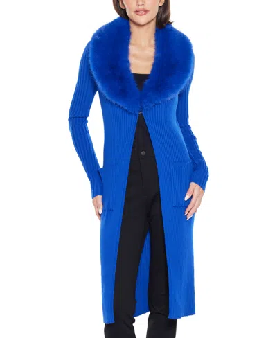 Belldini Women's Black Label Ribbed-collar Duster Cardigan Sweater In Blue