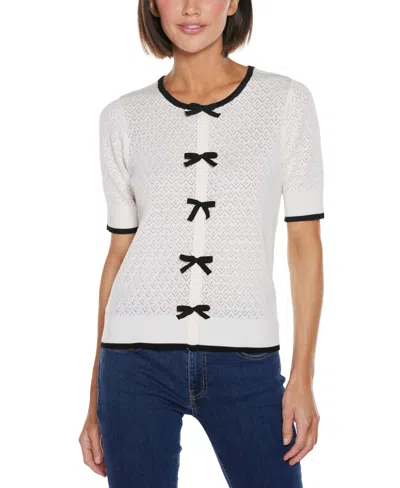 Belldini Women's Bow Detail Pointelle Short Sleeve Sweater In Ivory
