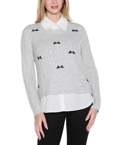 Belldini Women's Bow-trim Two-fer Sweater In Gray