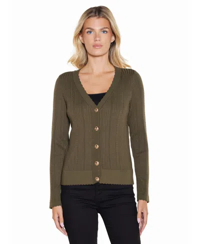 Belldini Women's Cable Knit Fitted V-neck Button-front Cardigan In Green
