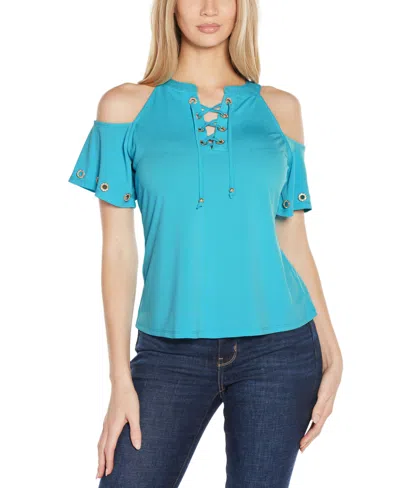 Belldini Women's Cold-shoulder Grommet Trim Knit Top In Blue Bliss