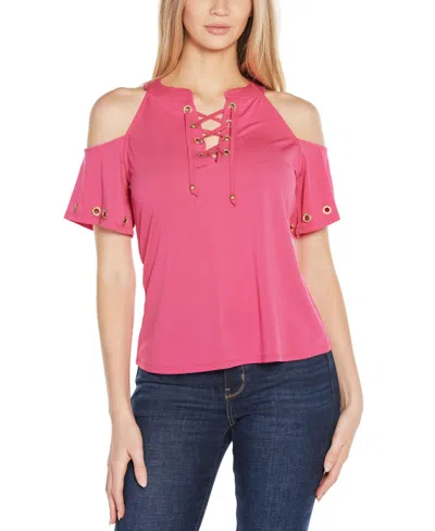 Belldini Black Label Plus Size Cold-shoulder Grommet Trim Knit Top In Petal Pink