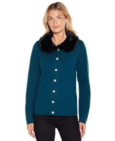 Belldini Women's Collared Long-sleeve Fitted Cardigan In Blue