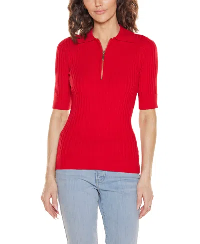 Belldini Women's Collared Quarter Zip Ribbed Knit Sweater In Red