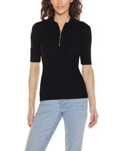 Belldini Women's Collared Quarter Zip Ribbed Knit Sweater In Black