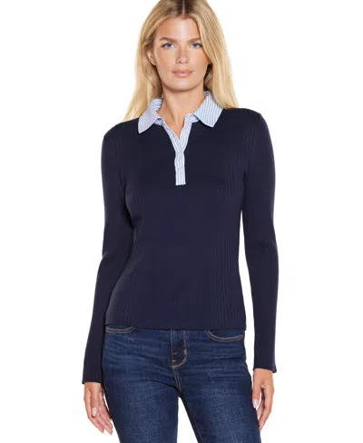 Belldini Women's Collared Ribbed Long-sleeve Sweater In Navy