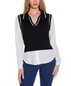 Belldini Women's Collared Two-fer Sweater In Black,white