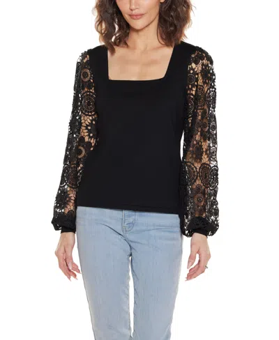 Belldini Women's Crochet Lace Blouson Sleeve Sweater In Black