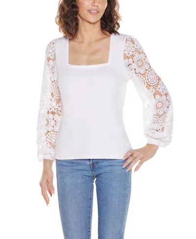 Belldini Women's Crochet Lace Blouson Sleeve Sweater In White