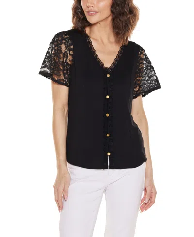 Belldini Plus Size Crochet Lace Sleeve V-neck Top In Multi