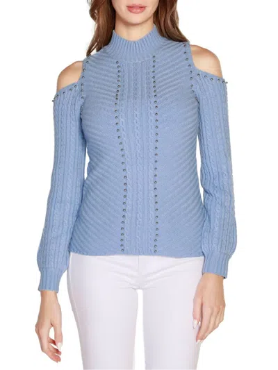 Belldini Women's Embellished Cold Shoulder Mockneck Sweater In Blue