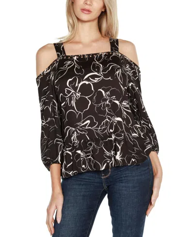 Belldini Women's Embellished Cold Shoulder Top In Blkwhite