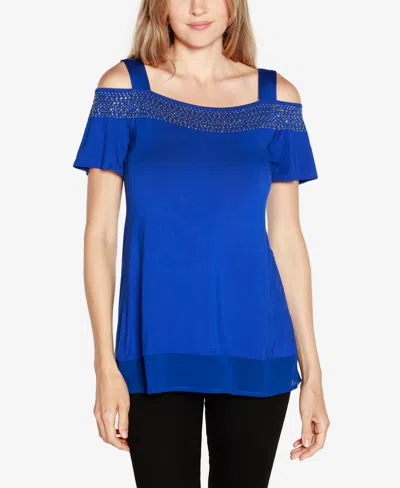 Belldini Women's Embellished Cold-shoulder Top In Blue