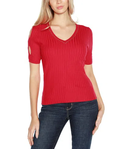 Belldini Women's Embellished Criss Cross Sleeve Sweater In Red
