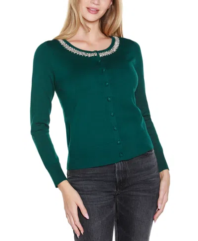 Belldini Women's Embellished Neckline Cardigan Sweater In Green