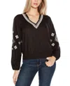 Belldini Black Label Women's Embroidered Blouson Sleeve V-neck Blouse Top In Black