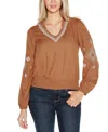 Belldini Black Label Women's Embroidered Blouson Sleeve V-neck Blouse Top In Iced Latte