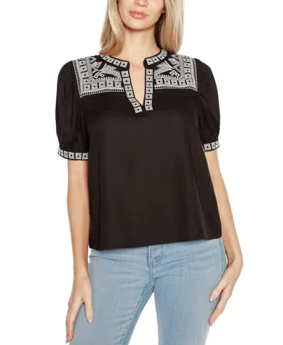 Belldini Women's Embroidered Boho Short Sleeve Top In Black
