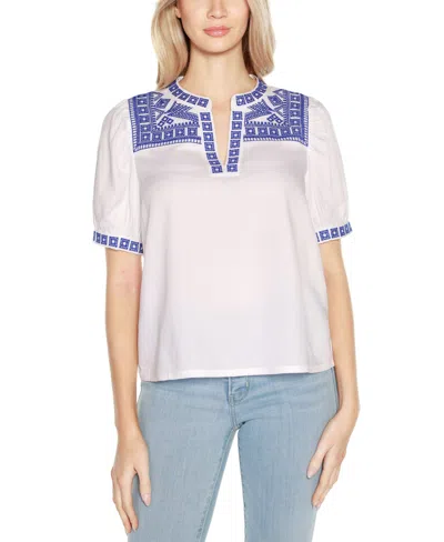 Belldini Women's Embroidered Boho Short Sleeve Top In Whtcoblt