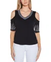 Belldini Plus Size Black Label Embroidered Cold-shoulder Knit Top In Black Multi