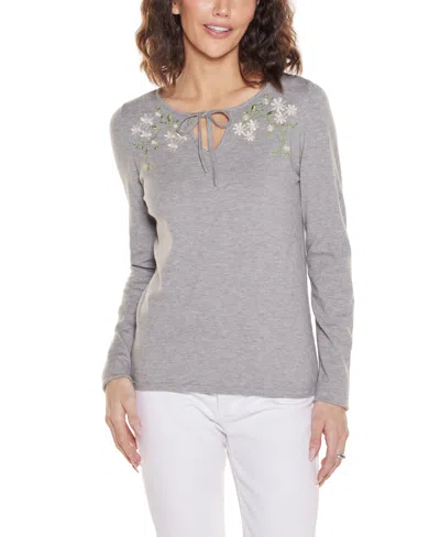Belldini Women's Embroidered Flower Split-neck Sweater In Gray