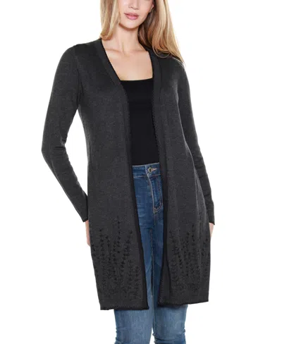 Belldini Women's Embroidered Open-front Cardigan Sweater In Black