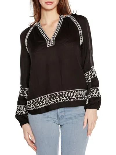 Belldini Women's Embroidered Peasant Top In Black White