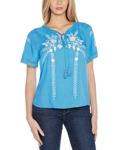 Belldini Women's Embroidered Tie-neck Peasant Top In Blue Moon,white