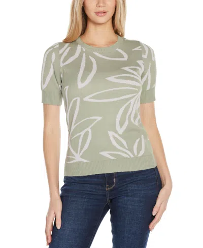 Belldini Women's Floral Jacquard Short Sleeve Sweater In Sage,wht