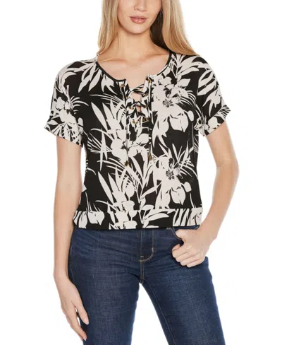 Belldini Women's Floral Print Lace-up Top In Blkwhtgd