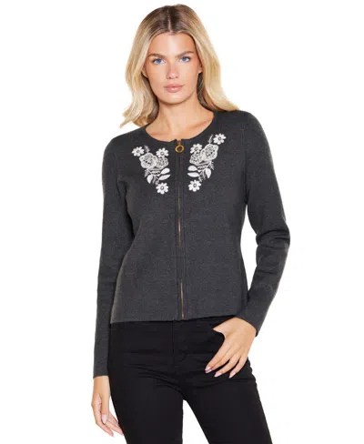 Belldini Women's Floral-embroidered Long-sleeve Zip-up Cardigan In Blue