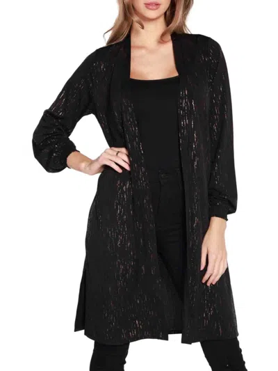 Belldini Women's Foil Print Long Open Front Cardigan In Black