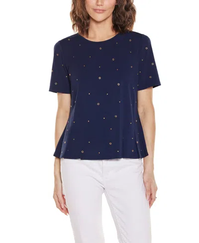 Belldini Women's Grommet And Nailhead Pleated Hem Top In Blue