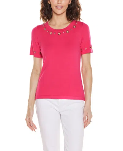 Belldini Women's Grommet Detail Crew Neck Sweater In Pink