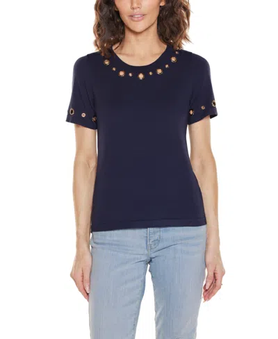 Belldini Women's Grommet Detail Crew Neck Sweater In Blue