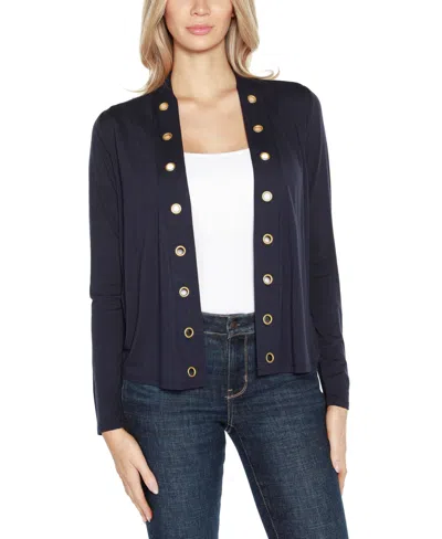 Belldini Plus Size Grommet Detail Cropped Knit Cardigan Sweater In Navy,gld