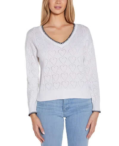 Belldini Women's Heart Pointelle V-neck Sweater In White,black