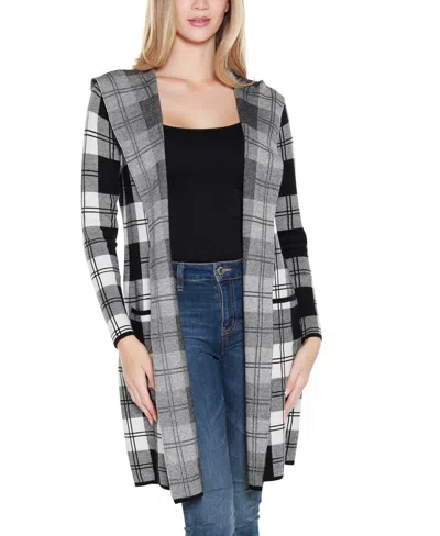 Belldini Women's Hooded Checkered Plaid Coatigan Sweater In Gray
