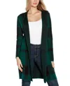 Belldini Women's Hooded Plaid Coatigan Sweater In Deep Emerald,black