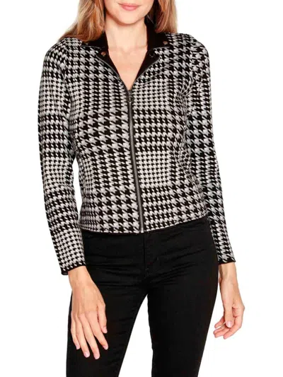 Belldini Women's Houndstooth Moto Knit Zip Jacket In Black