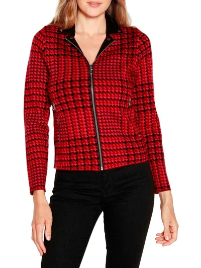 Belldini Women's Houndstooth Moto Knit Zip Jacket In Red
