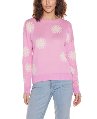 Belldini Women's Jacquard Flower Crew Neck Sweater In Pink