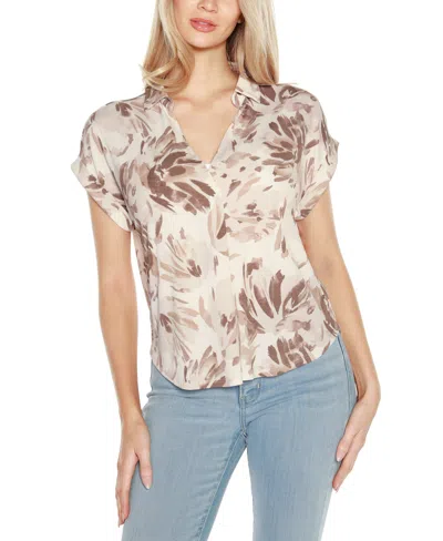 Belldini Women's Johnny Collar Brushed Floral Printed Top In Latte Combo