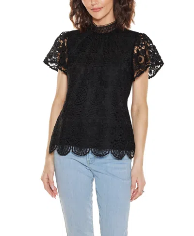 Belldini Women's Lace Front Mock Neck Top In Black