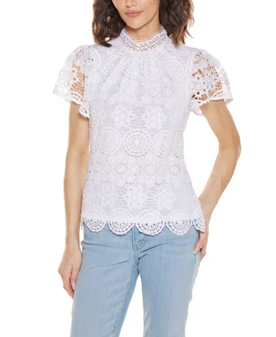 Belldini Women's Lace Front Mock Neck Top In White